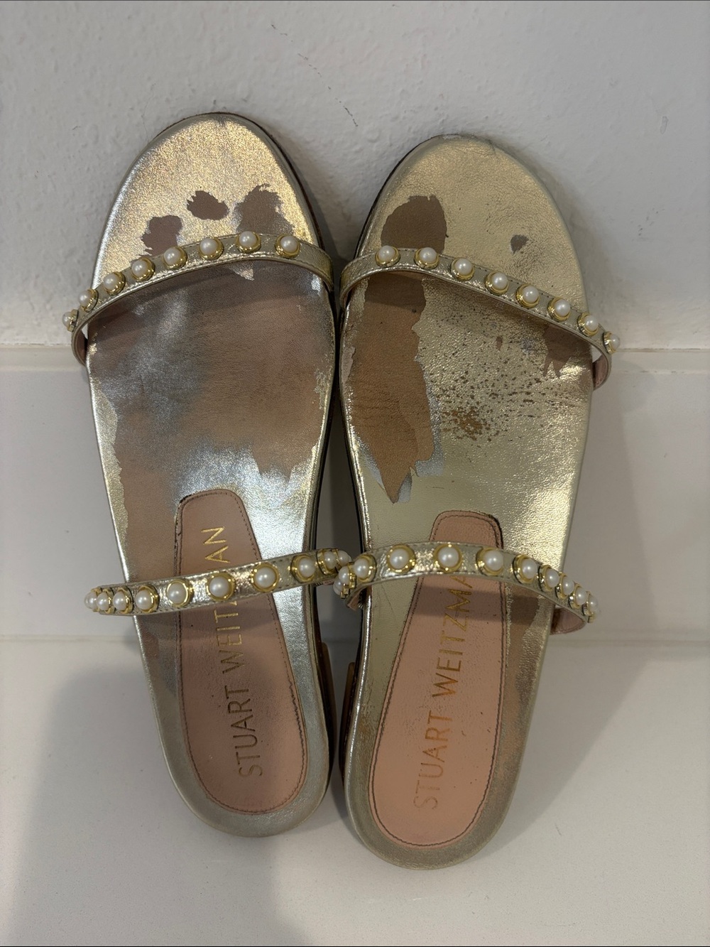 Stuart Weitzman Metallic Gold Pearl-Embellished Slide Sandal Size 8.5 - Picture 8 of 12
